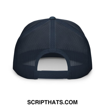 Dark navy blue grumpy old veteran embroidered trucker hat with mesh back and adjustable strap shown from the back