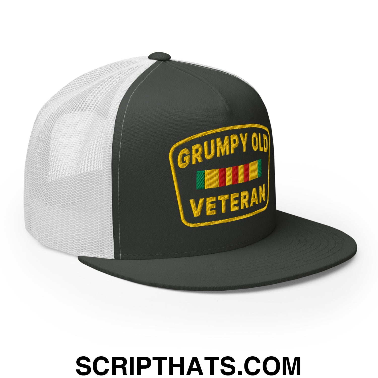 Grumpy Old Veteran Embroidered Flat Bill Brim Mesh Trucker Hat Charcoal White