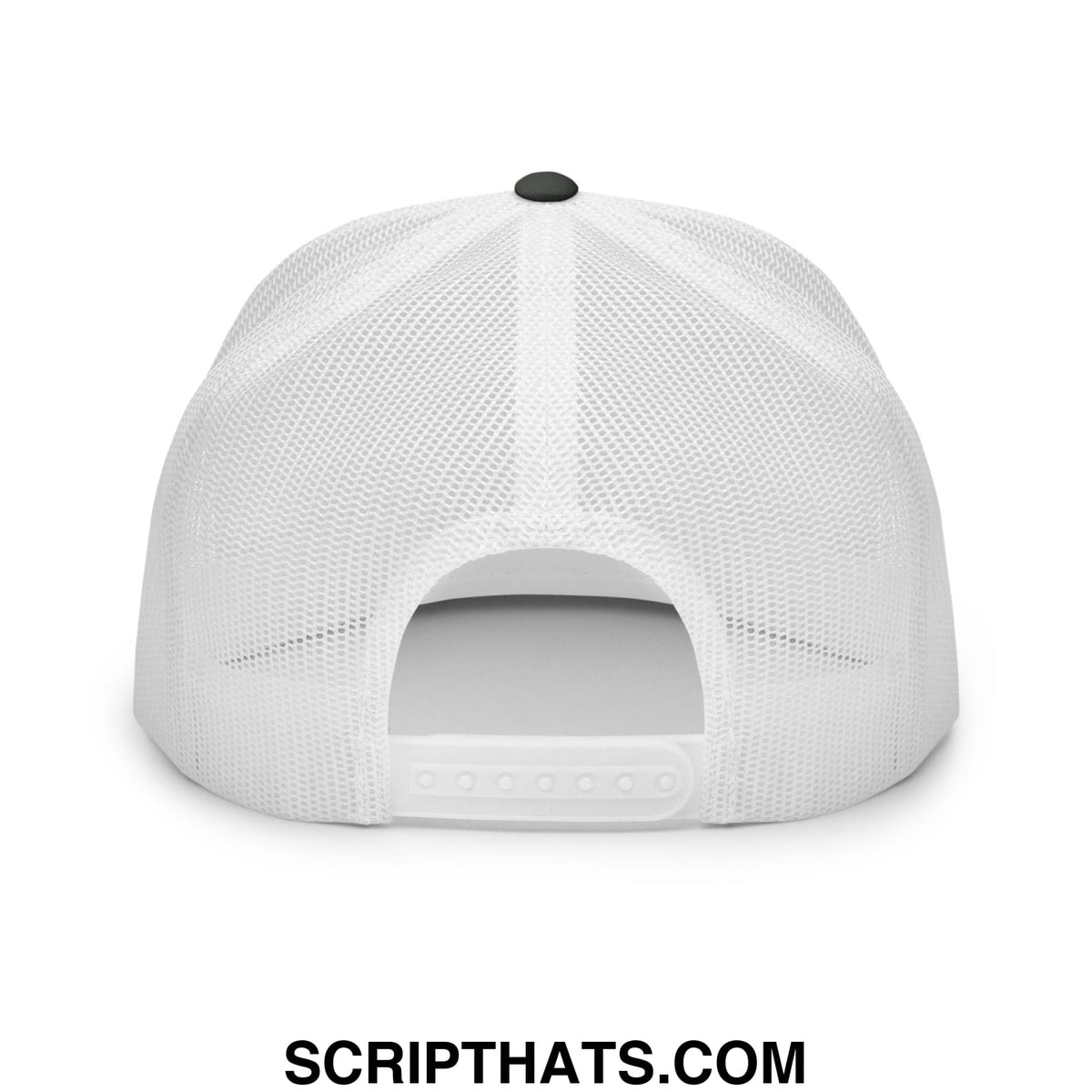 White mesh trucker hat with black button and adjustable strap at back from grumpy old veteran collection