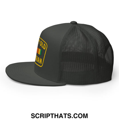 Black mesh trucker hat with yellow veteran patch and rastafarian flag colors on front panel grumpy old veteran design
