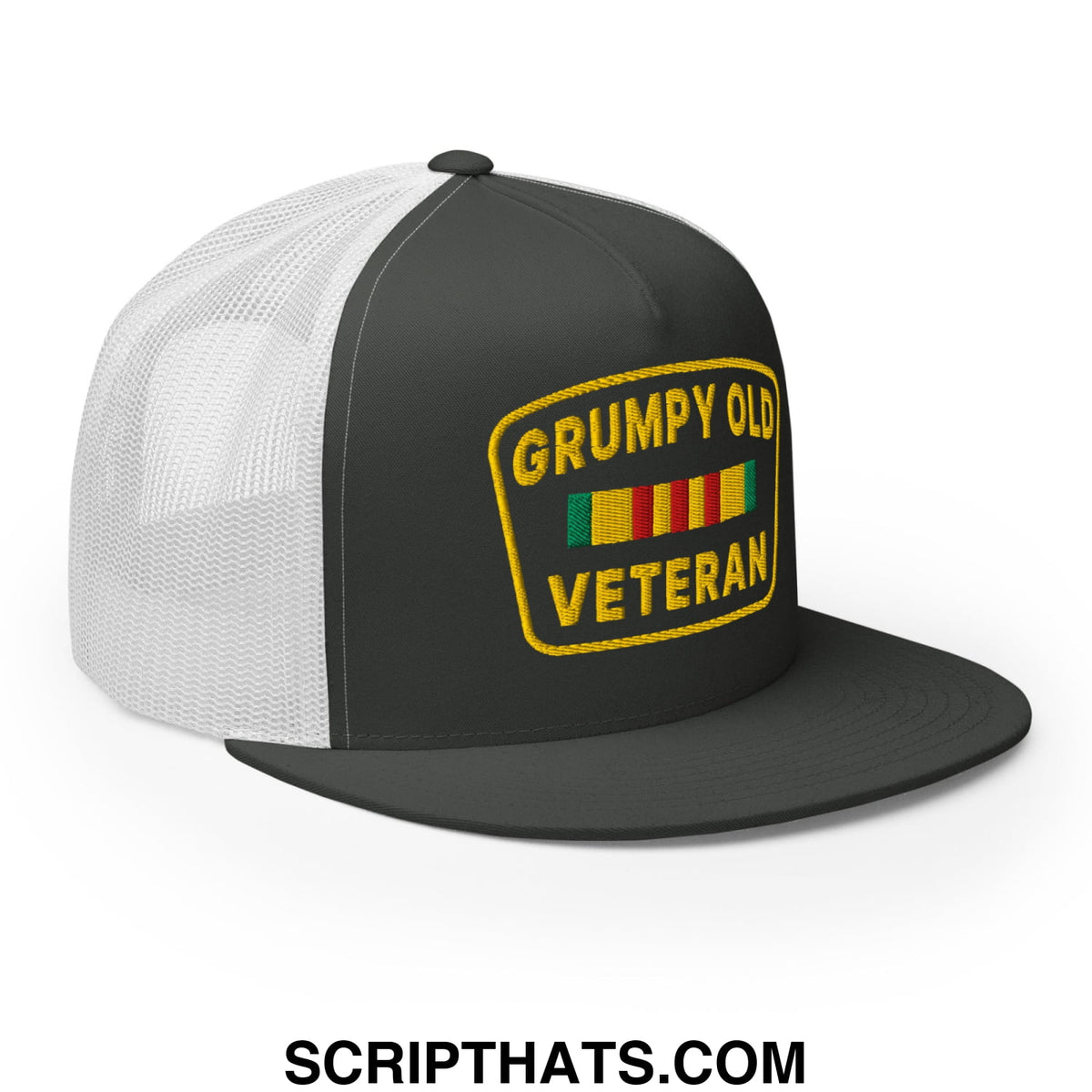Black and white mesh trucker hat with yellow embroidered patch reading grumpy old veteran above colorful ribbons