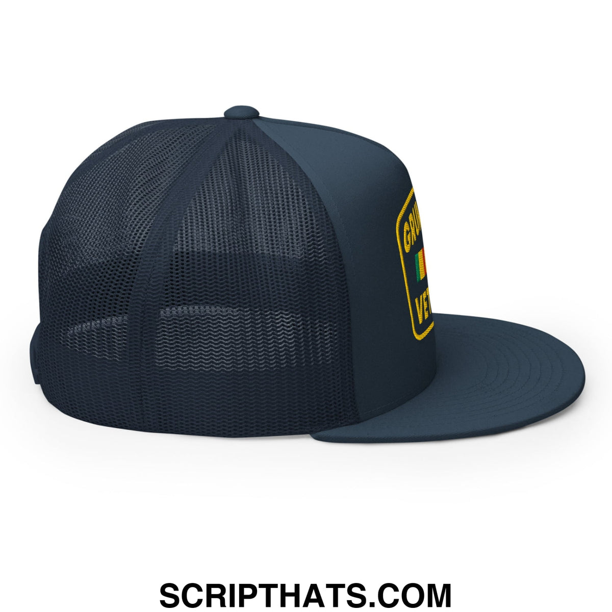 Dark navy blue grumpy old veteran embroidered trucker hat with mesh back and flat brim featuring yellow patch on side