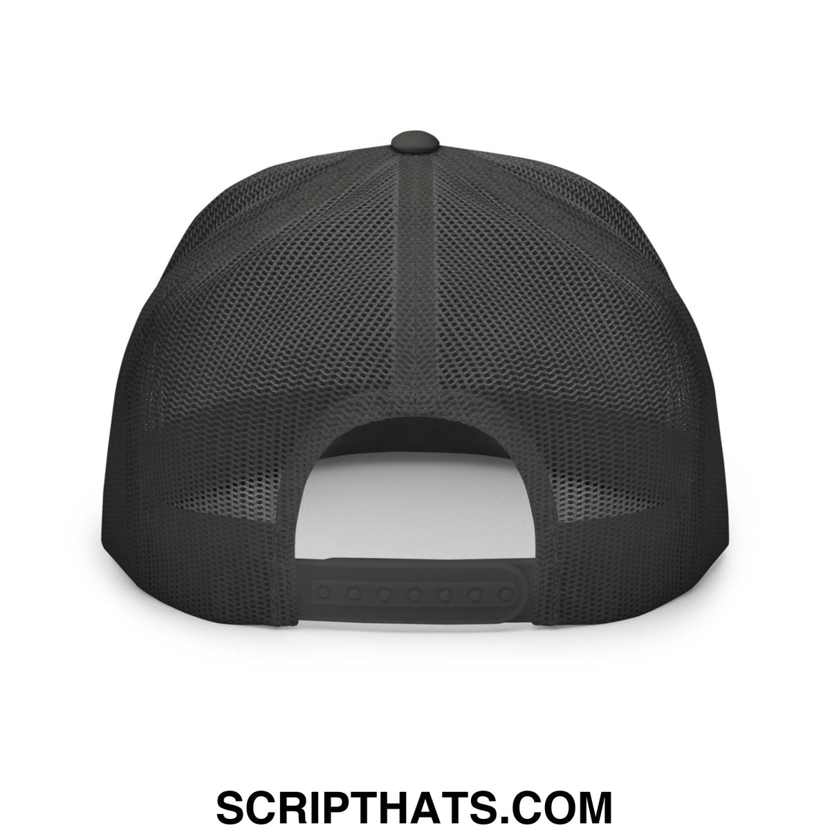 Back side of a black mesh trucker hat with solid panel and adjustable strap from grumpy old veteran series