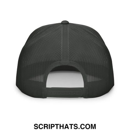 Back side of a black mesh trucker hat with solid panel and adjustable strap from grumpy old veteran series