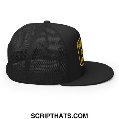 Black snapback mesh trucker hat with flat bill brim and yellow embroidered patch featuring grumpy old veteran text and flag