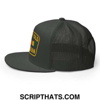 Grumpy Old Veteran Embroidered Flat Bill Brim Mesh Trucker Hat Charcoal
