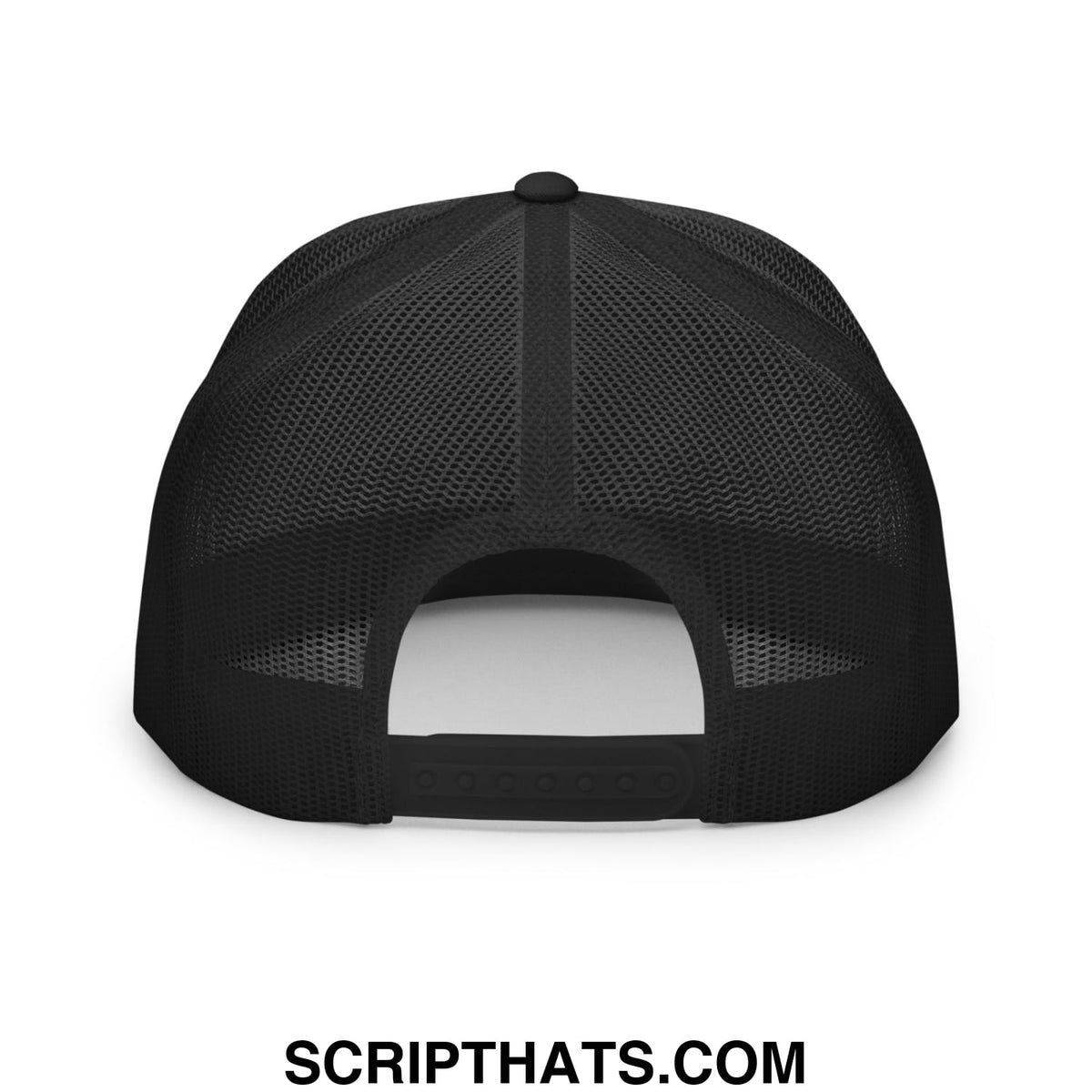 Black mesh trucker hat with solid black adjustable strap and button shown from the back in grumpy old veteran design