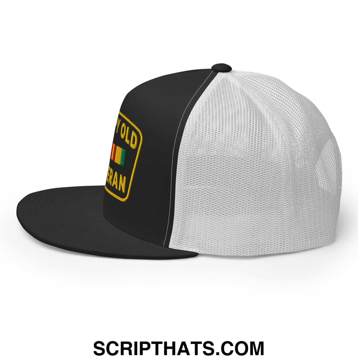 Black and white mesh trucker hat with yellow veteran patch above rastafarian flag colors flat bill brim