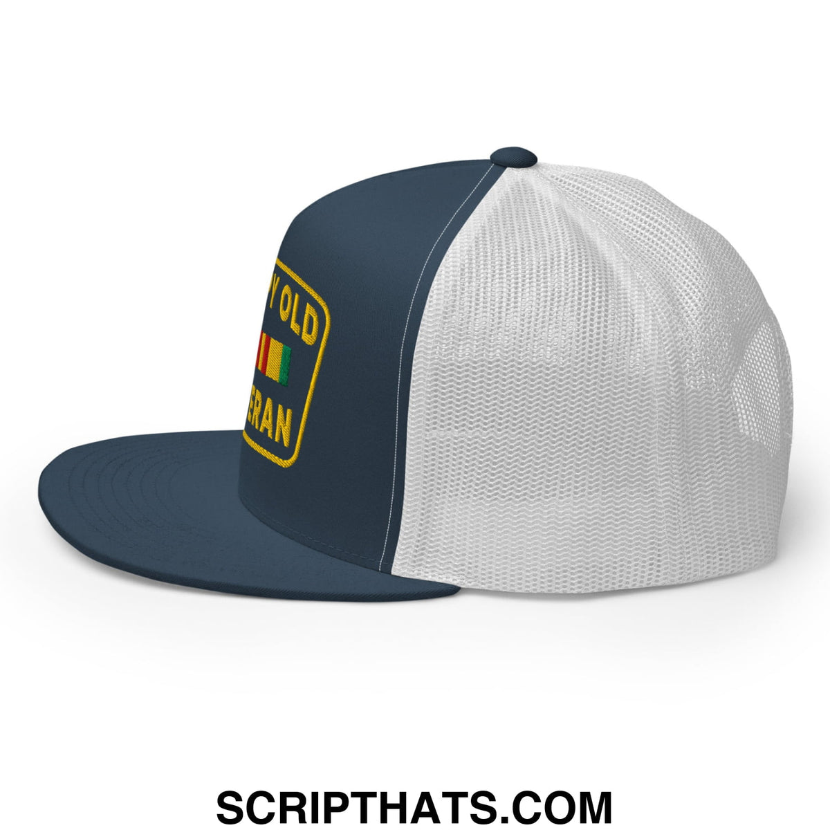Navy blue and white mesh trucker hat with flat bill and yellow old veteran patch above rastafarian flag design