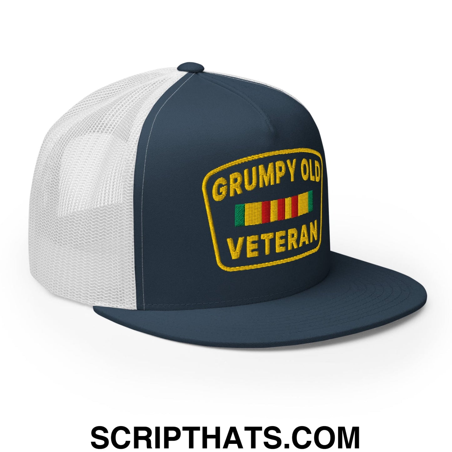 Grumpy Old Veteran Embroidered Flat Bill Brim Mesh Trucker Hat Navy White
