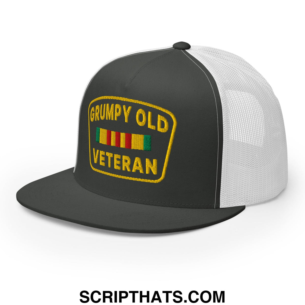 Black and white mesh trucker hat with yellow embroidered grumpy old veteran patch and colorful ribbons