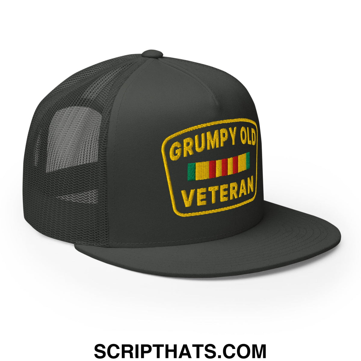 Black mesh trucker hat with yellow embroidered grumpy old veteran patch above colorful ribbons flat bill brim