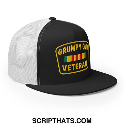 Black and white mesh trucker hat with yellow embroidered grumpy old veteran patch and colorful ribbons on front