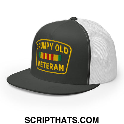 Grumpy Old Veteran Embroidered Flat Bill Brim Mesh Trucker Hat Charcoal White