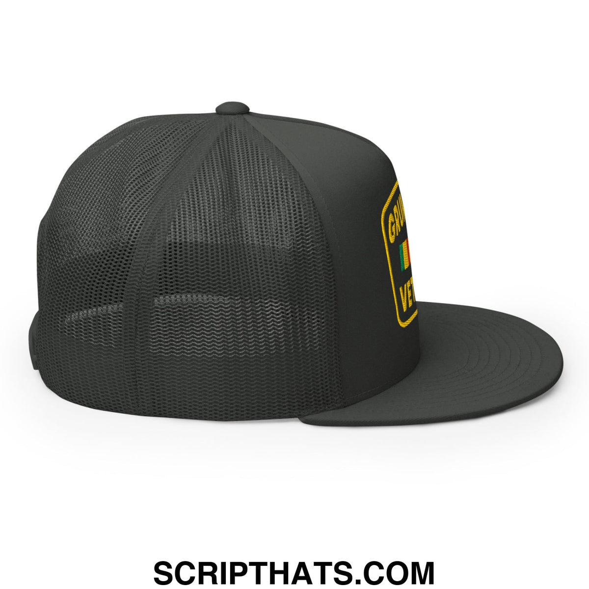 Black mesh trucker hat with flat brim and yellow embroidered grand veteran patch above rastafarian flag on side
