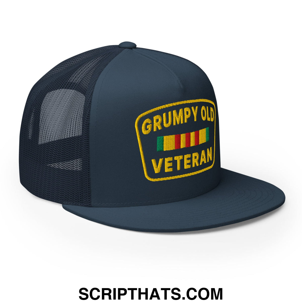 Dark navy blue mesh trucker hat with flat bill brim and yellow grumpy old veteran embroidered patch with ribbon stripes