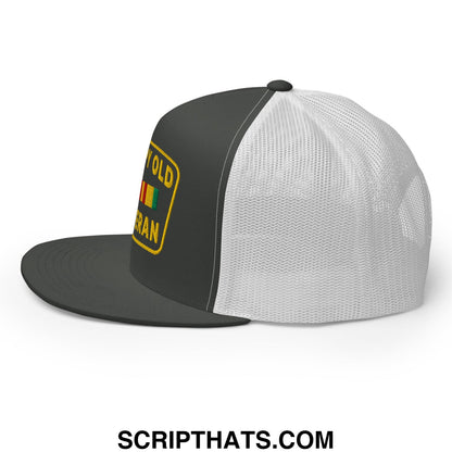 Black and white mesh trucker hat with yellow old veteran patch above rastafarian flag flat bill brim