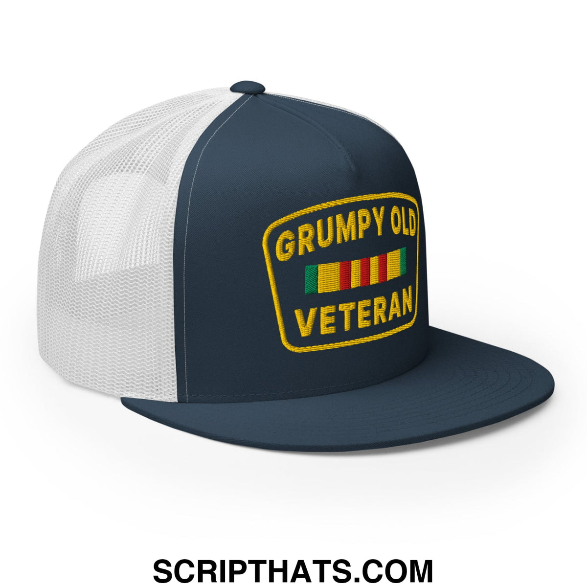 Dark blue and white mesh trucker hat with yellow grumpy old veteran patch and colorful ribbon stripes flat bill brim