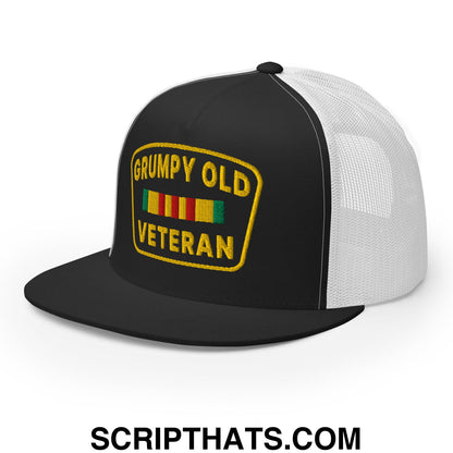 Grumpy Old Veteran Embroidered Flat Bill Brim Mesh Trucker Hat Black White