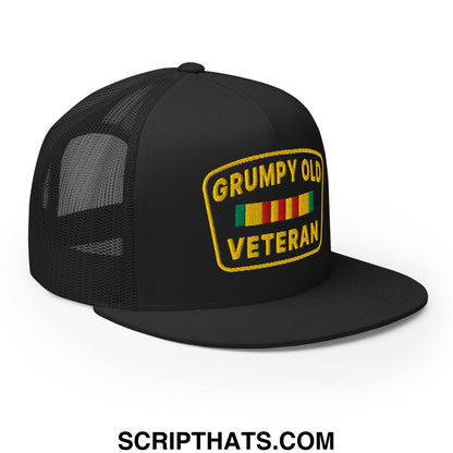 Black mesh trucker hat with flat bill featuring yellow embroidered grumpy old veteran patch and colorful stripes