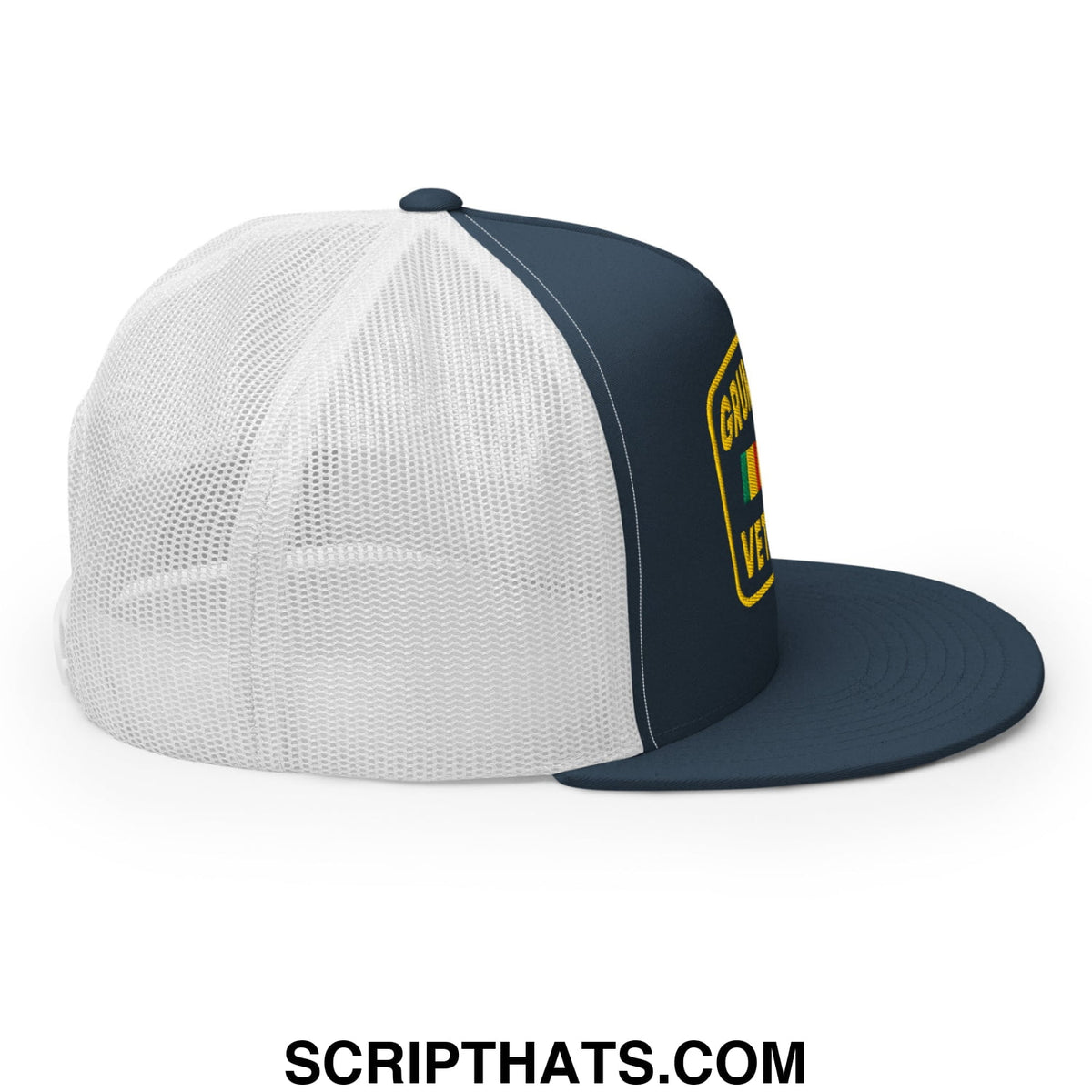 Navy blue and white mesh trucker hat with yellow embroidered patch and flat bill brim from grumpy old veteran collection