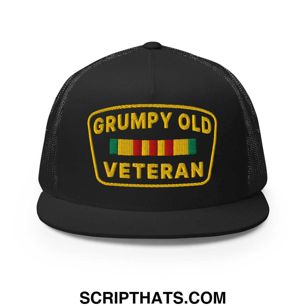 Black mesh trucker hat with yellow embroidered grumpy old veteran patch and colorful ribbon design on front