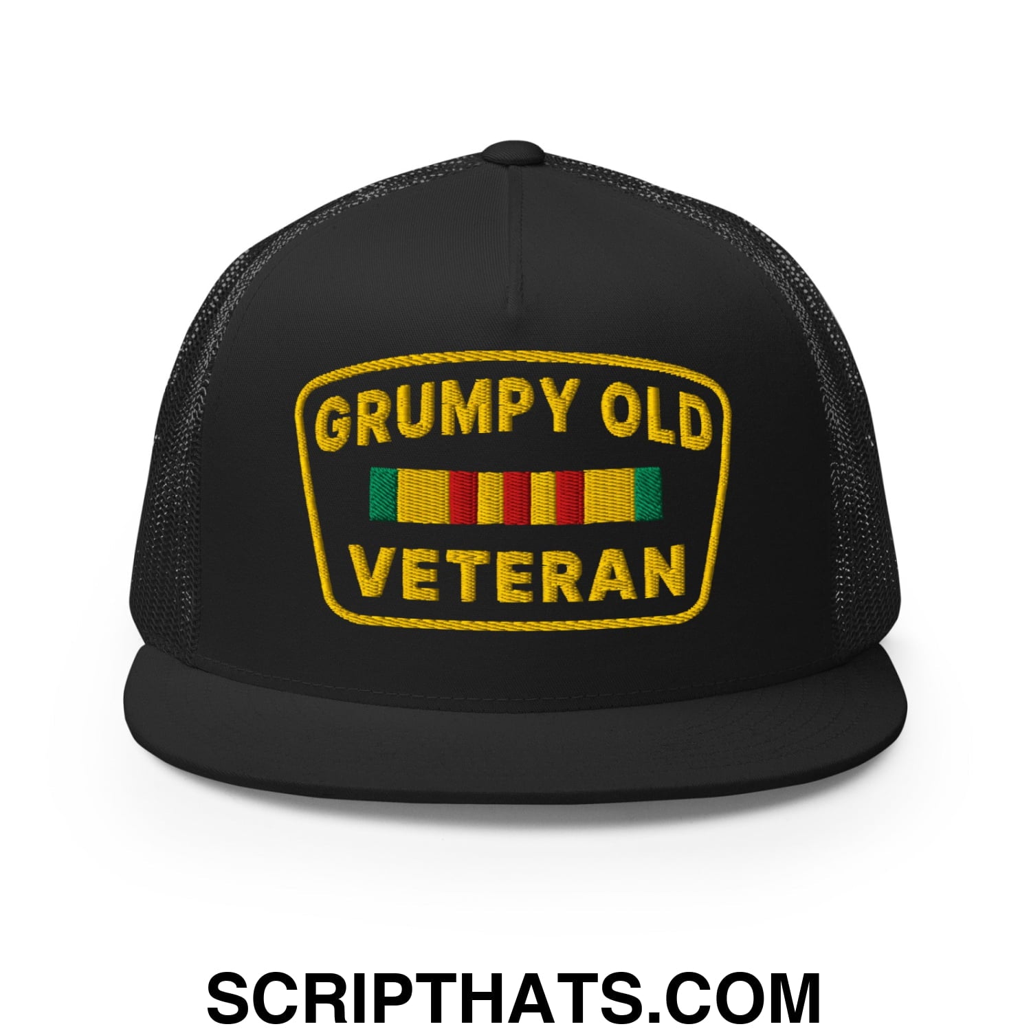 Grumpy Old Veteran Embroidered Flat Bill Brim Mesh Trucker Hat Black