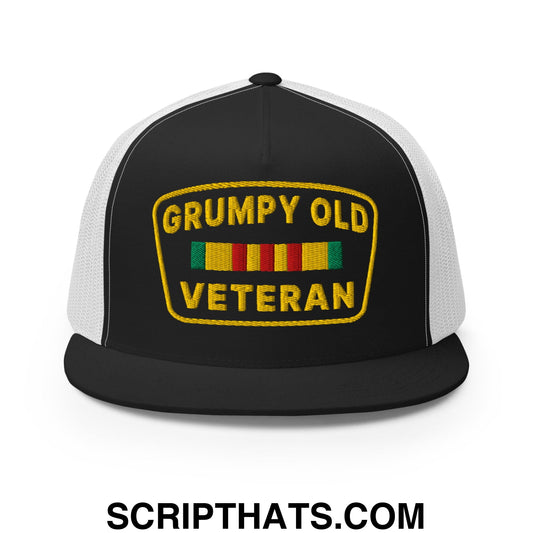 Grumpy Old Veteran Embroidered Flat Bill Brim Mesh Trucker Hat Black White
