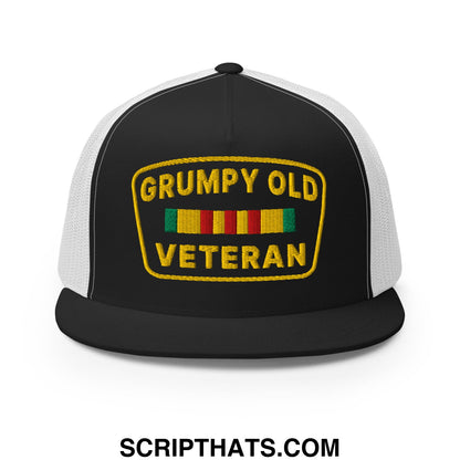 Black and white mesh trucker hat with flat bill and yellow embroidered grumpy old veteran patch above colorful ribbons