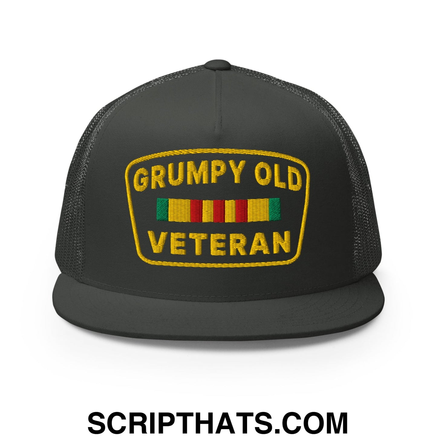 Grumpy Old Veteran Embroidered Flat Bill Brim Mesh Trucker Hat Charcoal