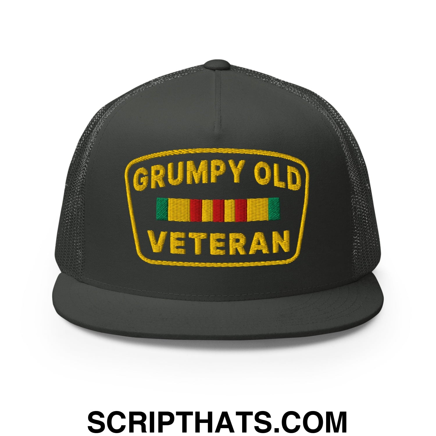 Grumpy Old Veteran Embroidered Flat Bill Brim Mesh Trucker Hat Charcoal
