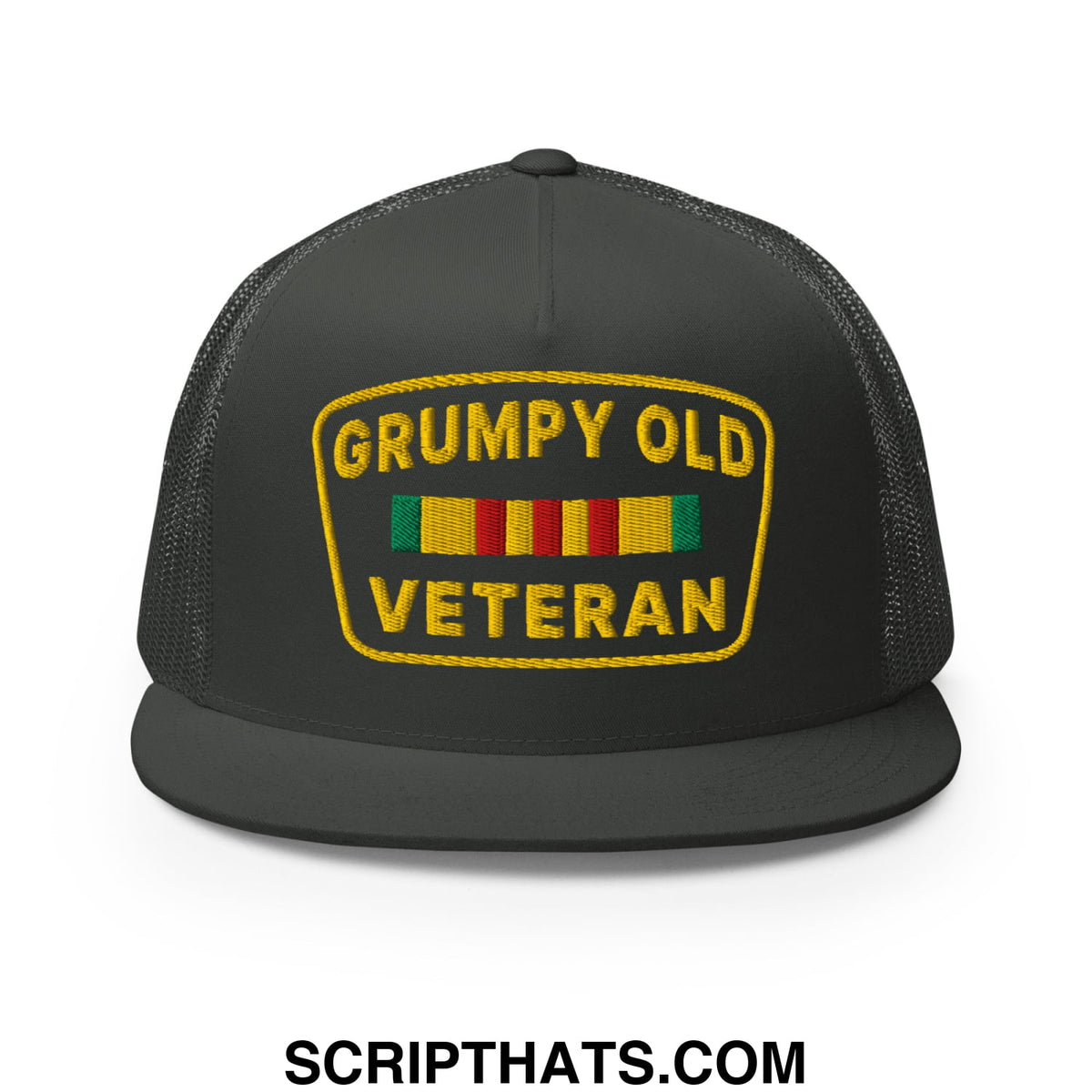 Black mesh trucker hat with yellow embroidered grumpy old veteran patch and colorful ribbon bars on flat bill brim