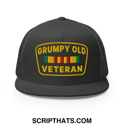 Black mesh trucker hat with yellow embroidered grumpy old veteran patch and colorful ribbon bars on flat bill brim