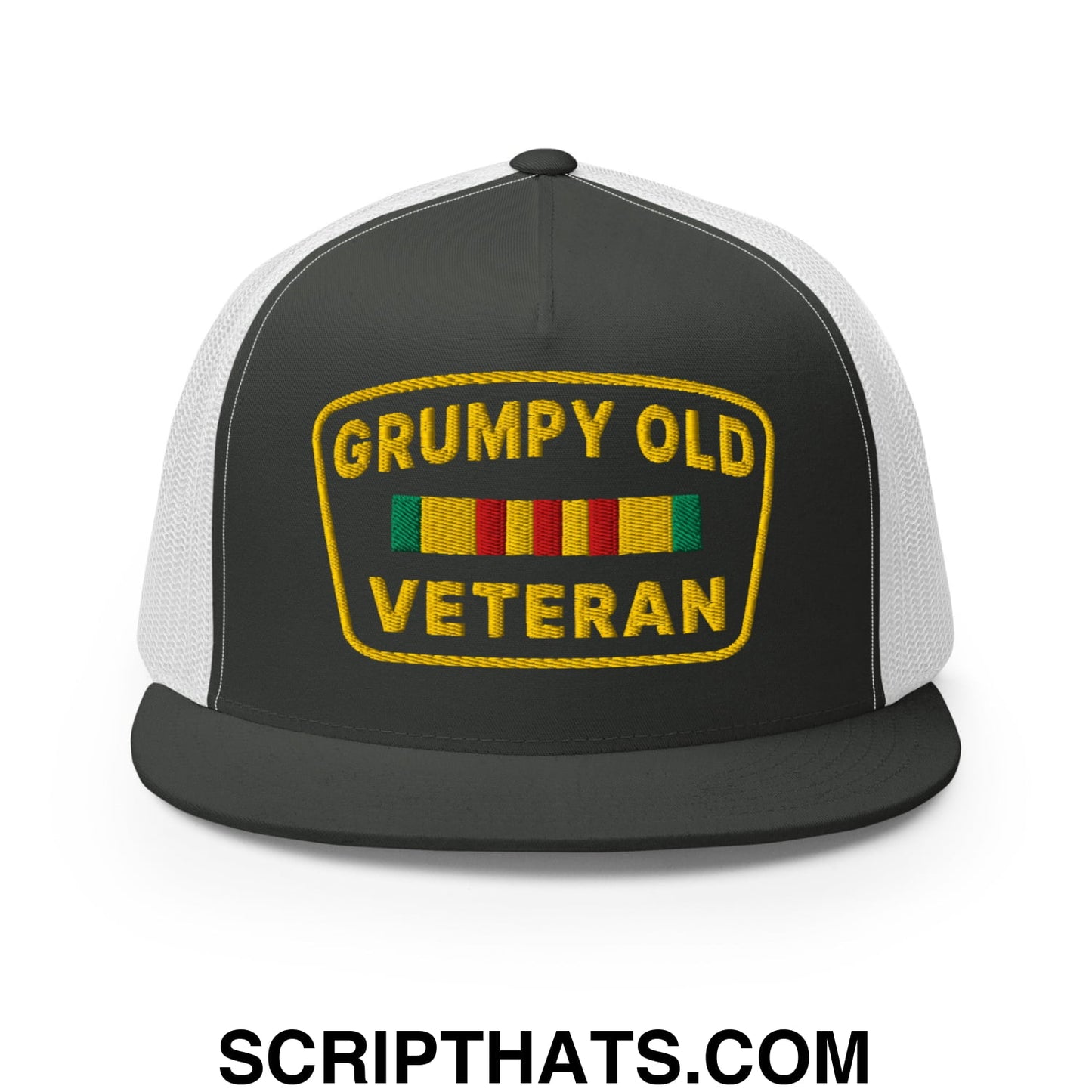 Grumpy Old Veteran Embroidered Flat Bill Brim Mesh Trucker Hat Charcoal White