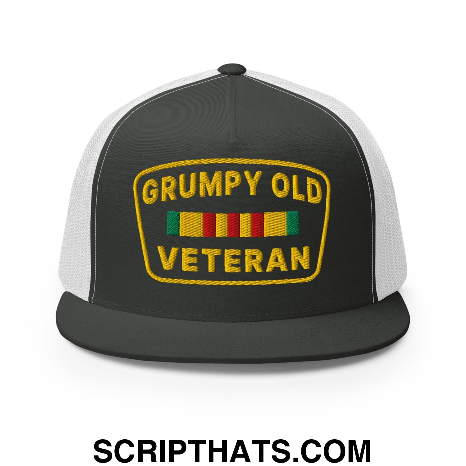 Grumpy Old Veteran Embroidered Flat Bill Brim Mesh Trucker Hat Charcoal White