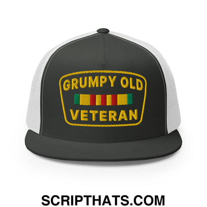 Grumpy Old Veteran Embroidered Flat Bill Brim Mesh Trucker Hat Charcoal White