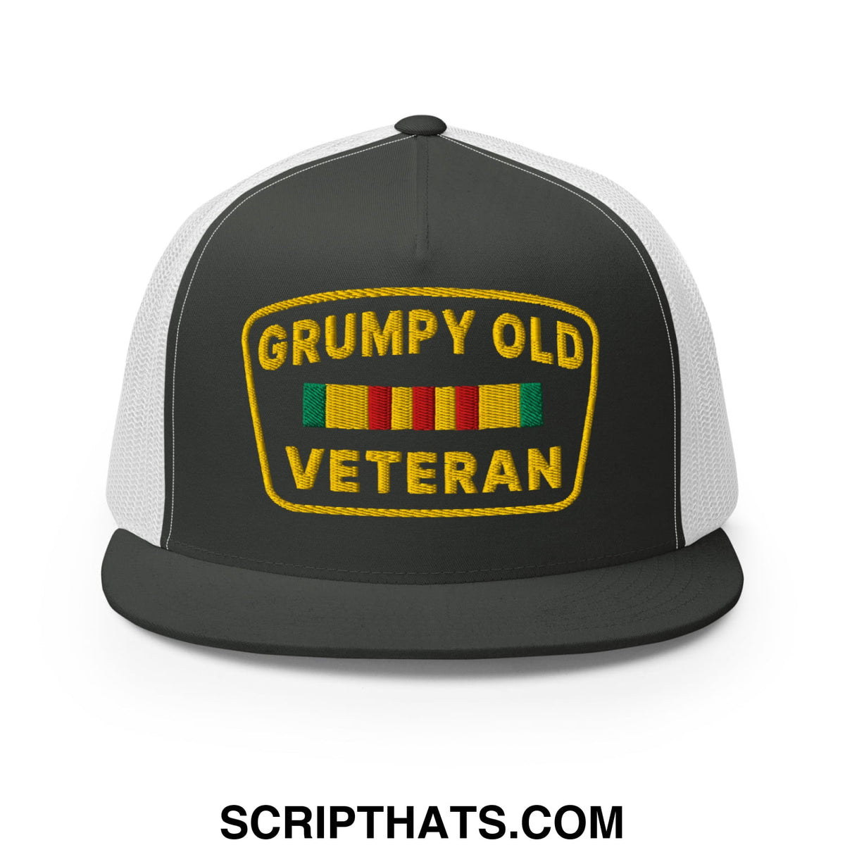 Black and white mesh trucker hat with yellow grumpy old veteran patch and colorful ribbon stripes flat bill brim