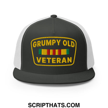 Black and white mesh trucker hat with yellow grumpy old veteran patch and colorful ribbon stripes flat bill brim