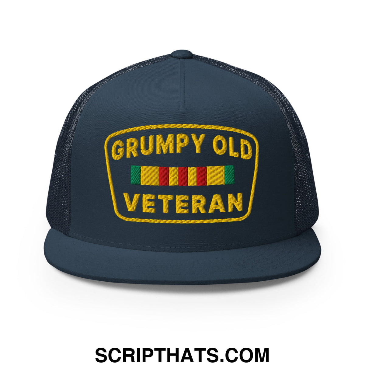 Dark blue mesh trucker hat with yellow embroidered grumpy old veteran patch and colorful ribbon design on front