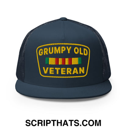 Grumpy Old Veteran Embroidered Flat Bill Brim Mesh Trucker Hat Navy