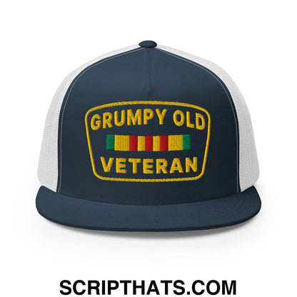 Grumpy Old Veteran Embroidered Flat Bill Brim Mesh Trucker Hat Navy White