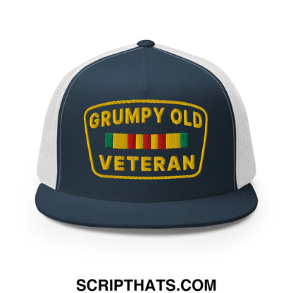 Navy blue and white mesh trucker hat with yellow grumpy old veteran embroidered patch and colorful ribbon design