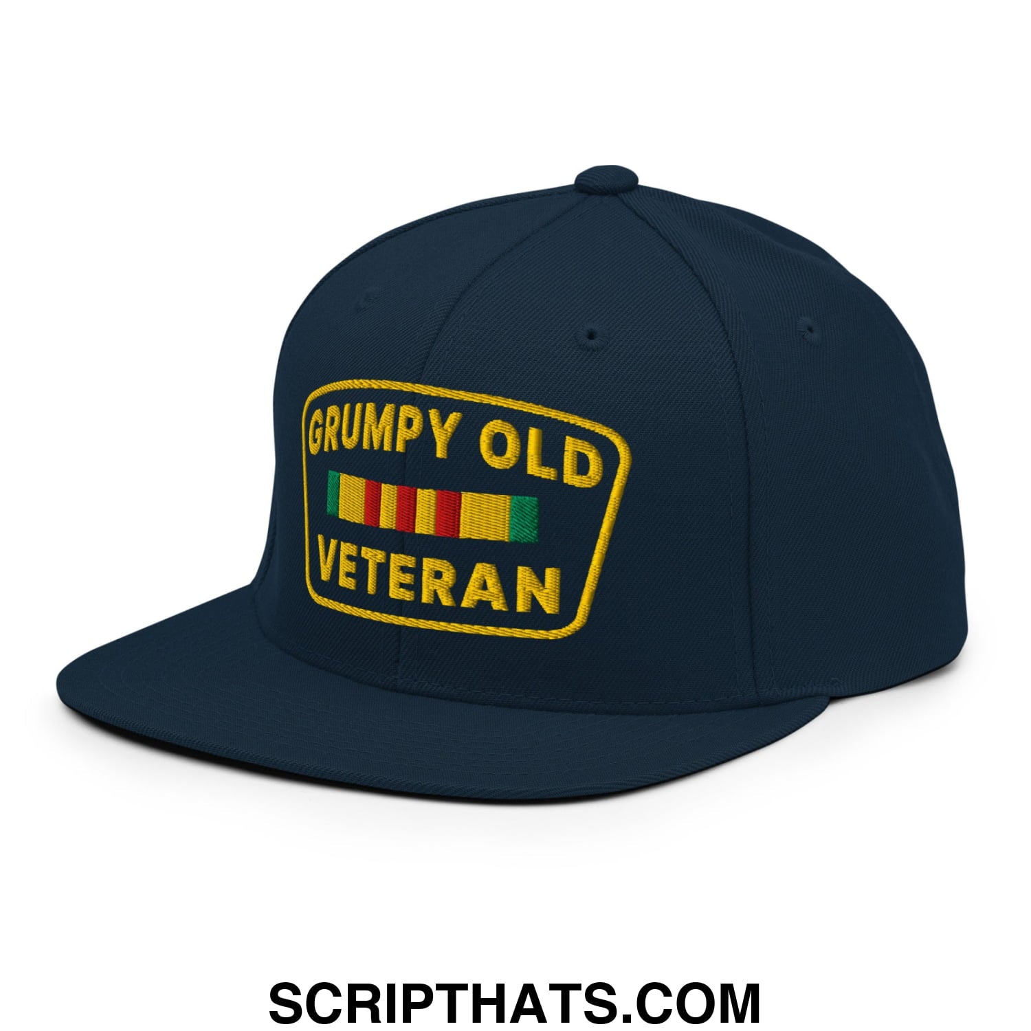 Grumpy Old Veteran Embroidered Flat Bill Brim Snapback Hat Dark Navy