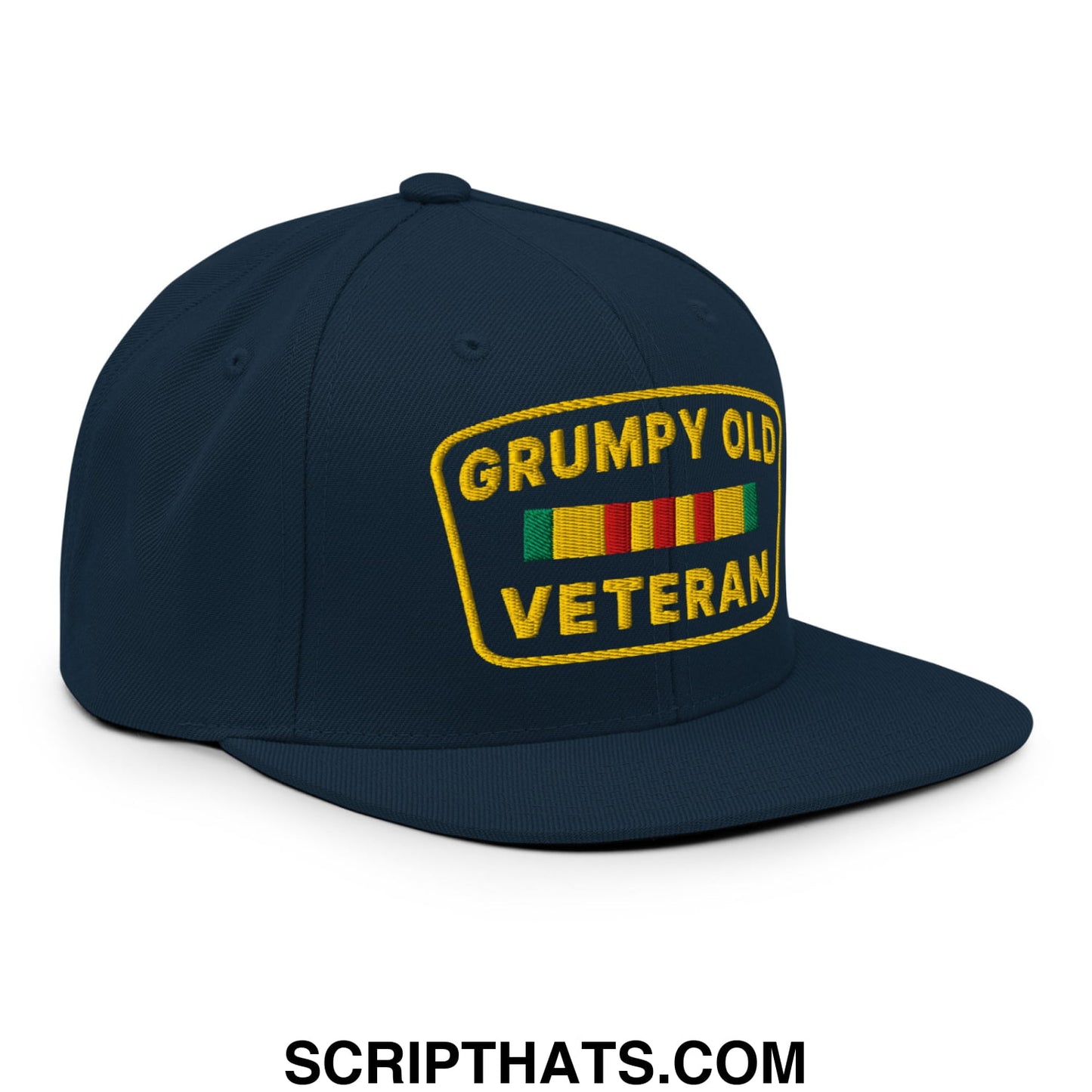Grumpy Old Veteran Embroidered Flat Bill Brim Snapback Hat Dark Navy