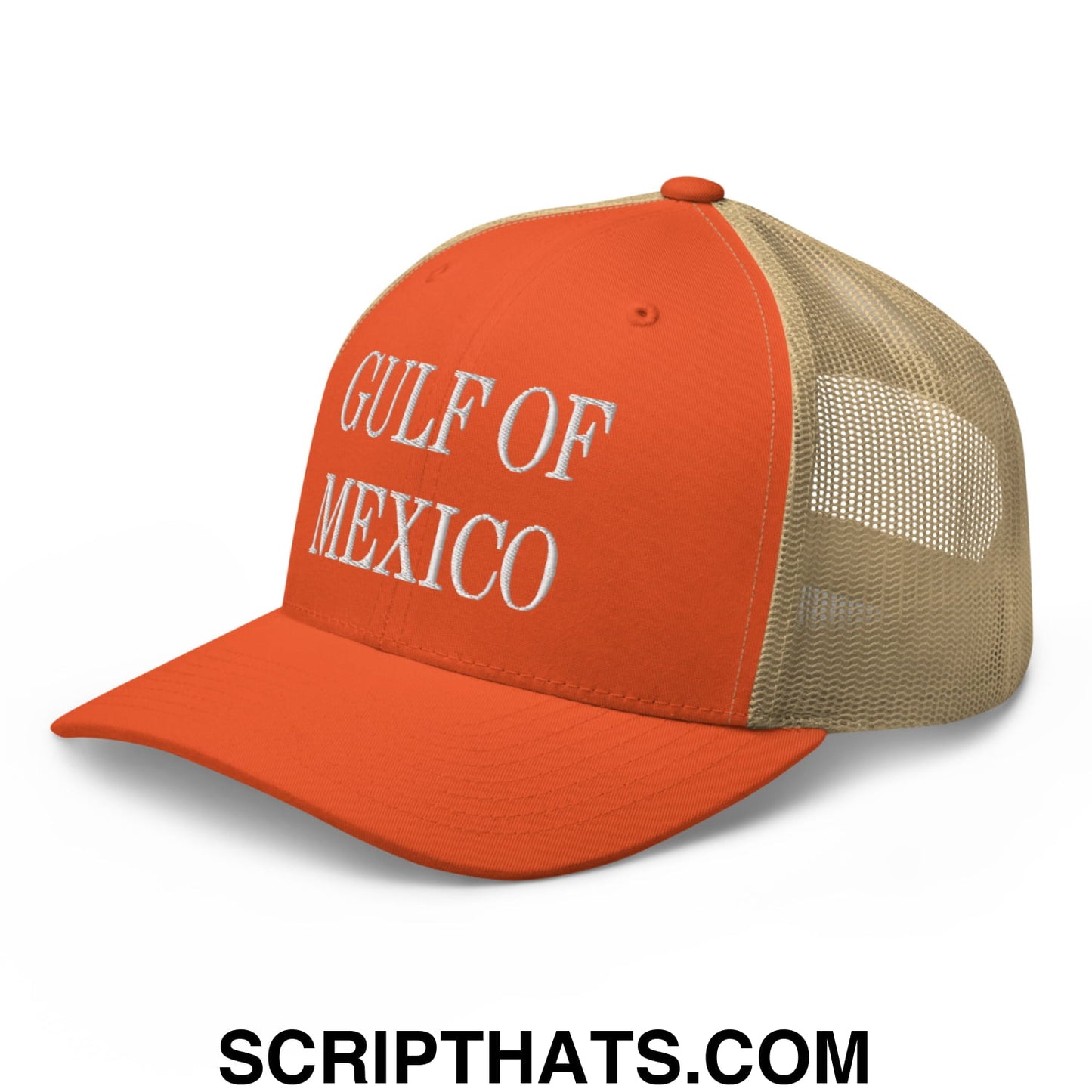 Gulf of Mexico Embroidered Mesh Trucker Hat Rustic Orange Khaki