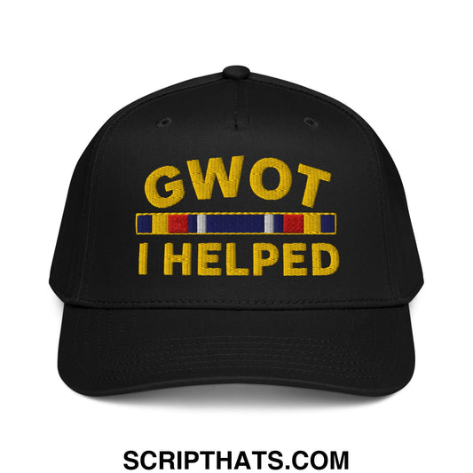 Black baseball snapback hat with gold embroidered gwot i helped text and colorful ribbon design on front