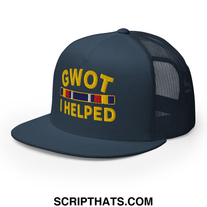 GWOT I Helped Embroidered Flat Bill Brim Mesh Trucker Hat Navy