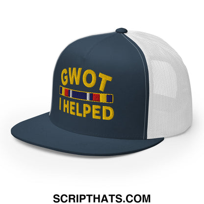 GWOT I Helped Embroidered Flat Bill Brim Mesh Trucker Hat Navy White