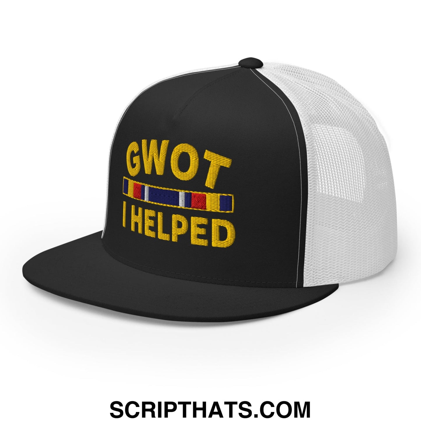 GWOT I Helped Embroidered Flat Bill Brim Mesh Trucker Hat Black White
