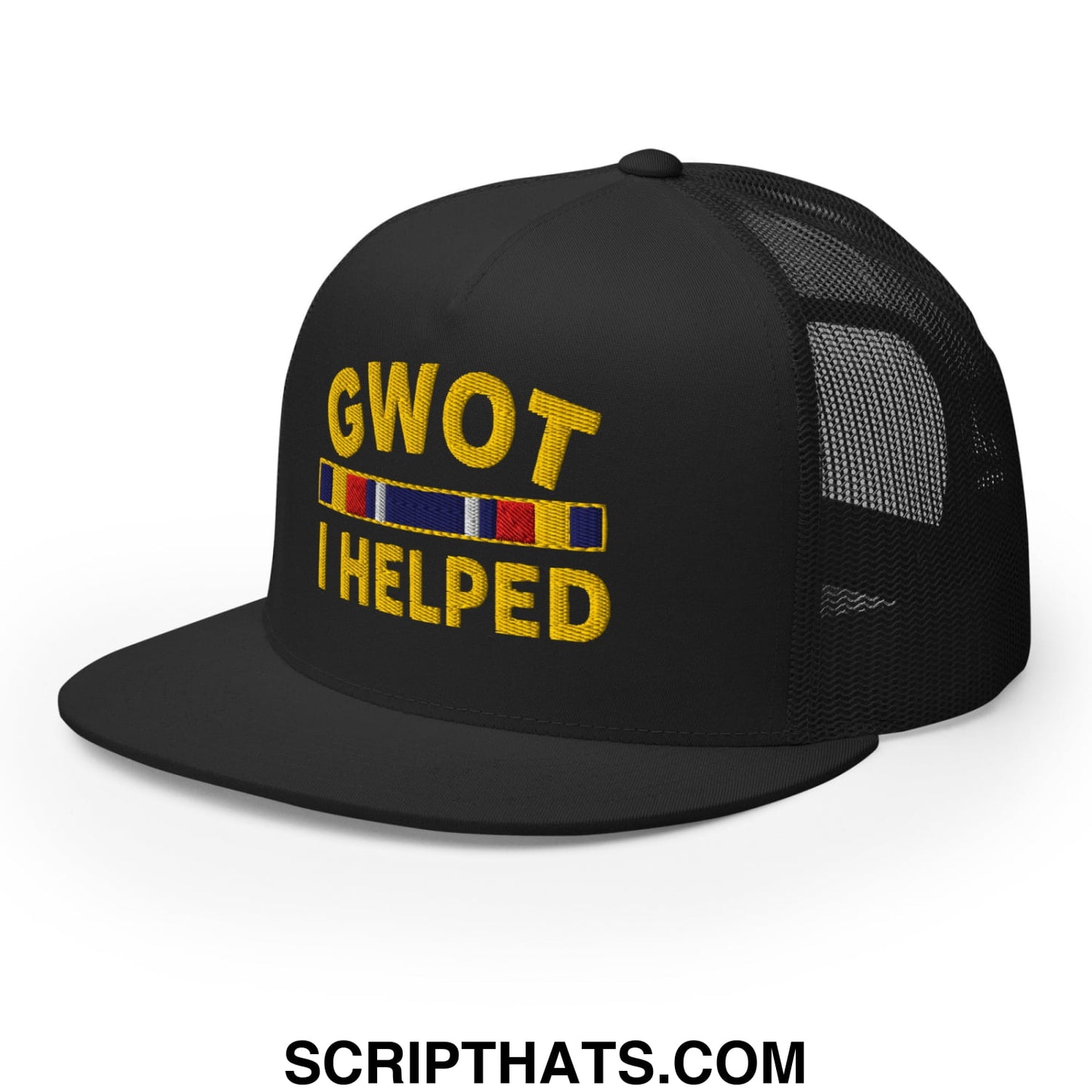 GWOT I Helped Embroidered Flat Bill Brim Mesh Trucker Hat Black